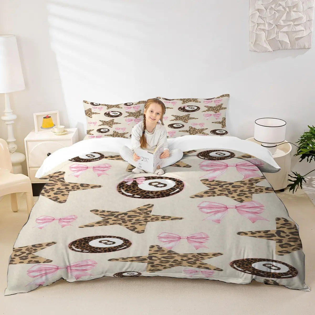 2/3Pcs Y2K Coquette Preppy Duvet Cover Set, Soft Comfortable Bedding With 8-Ball, Pink Bow And Leopard Star Print, 1 Duvet Cover + 1/2 Pillowcases (Pillows Not Included), Off White Preppy Bedding For Teen Girls Bedroom