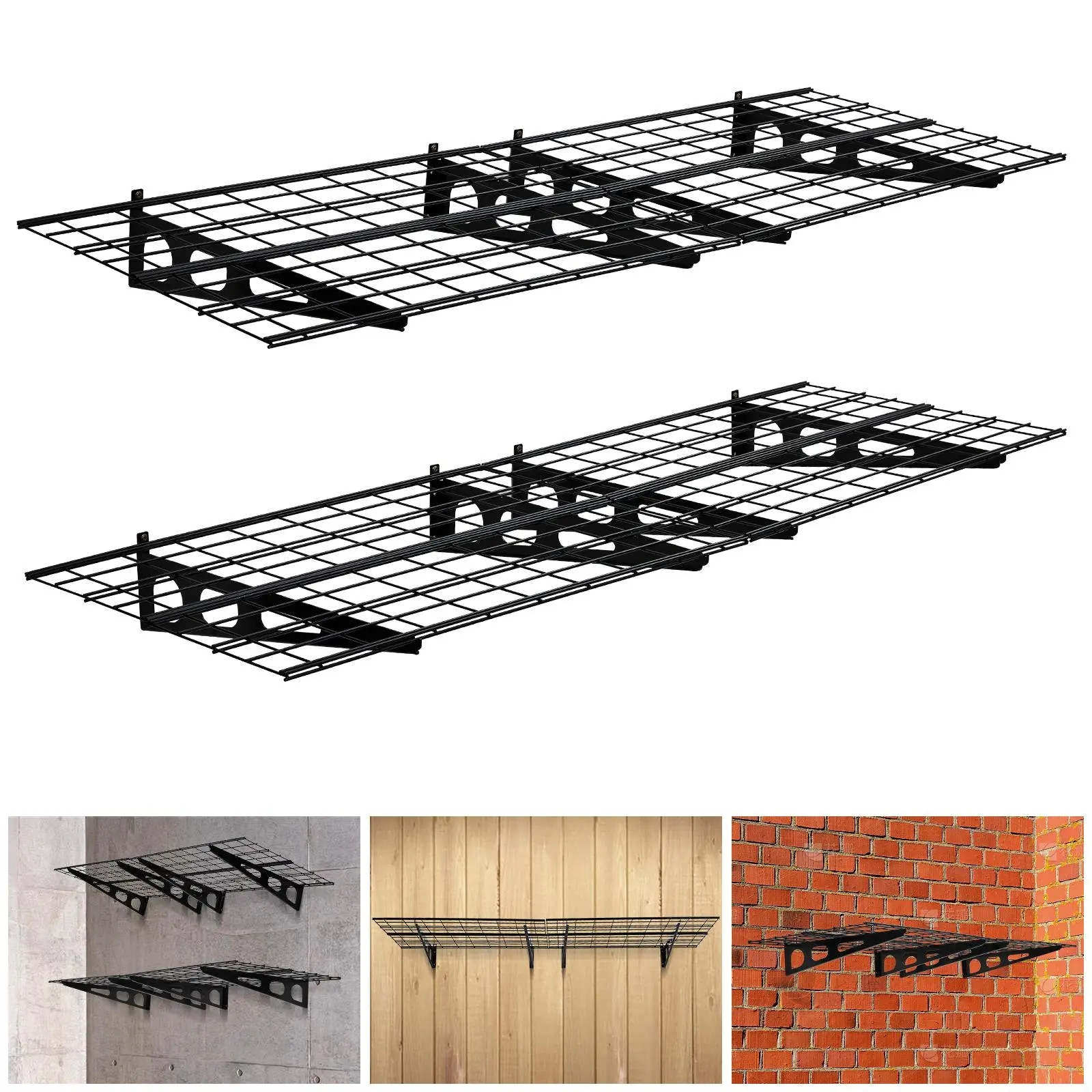 Black Heavy Duty Metal Wire Mesh Garage Shelves (2-Pack, 2x6 FT) with 1600lbs Capacity, Hooks & Shelf Hardware Accessories - Adjustable Wall-Ceiling Mounted Storage System for Warehouse, Laundry Room, Adjustable Wall Mounted Shelf Hardware Accessories