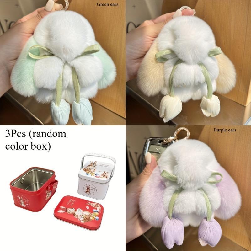 Easter/Mother's Day Cute Decoration 3pcs Random Color Exquisite Plush Rabbit Ornaments: Playful Rabbit Ears, Soft Tulip, Create Fashionable and Personal Key Accessories, Suitable for Valentine's Day, Birthday Gifts double teeth high quality elegant ice