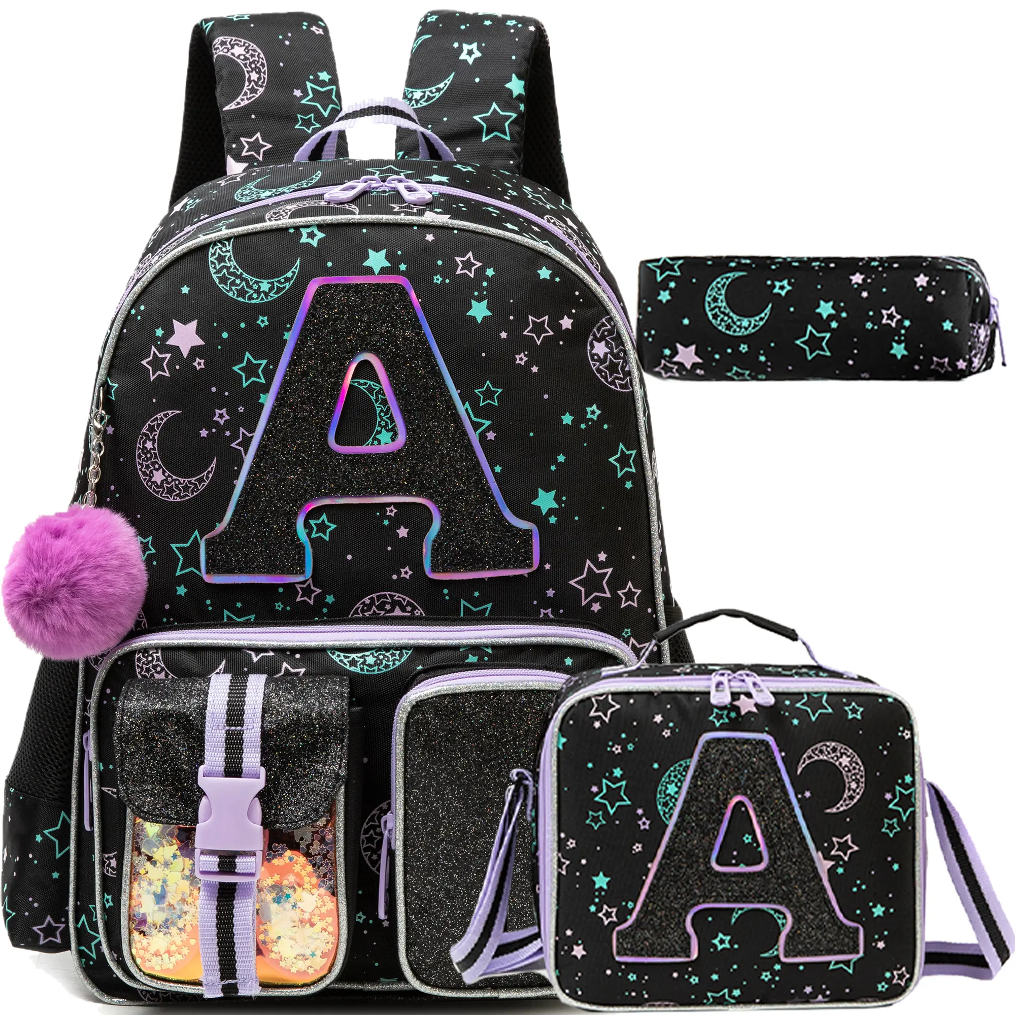 Letter A Initial Backpack 3pcs Set for Girls | Black Celestial Moon Star Galaxy School Bag with Lunch Box & Pencil Case | Personalized Cute Kids Bookbag 2026