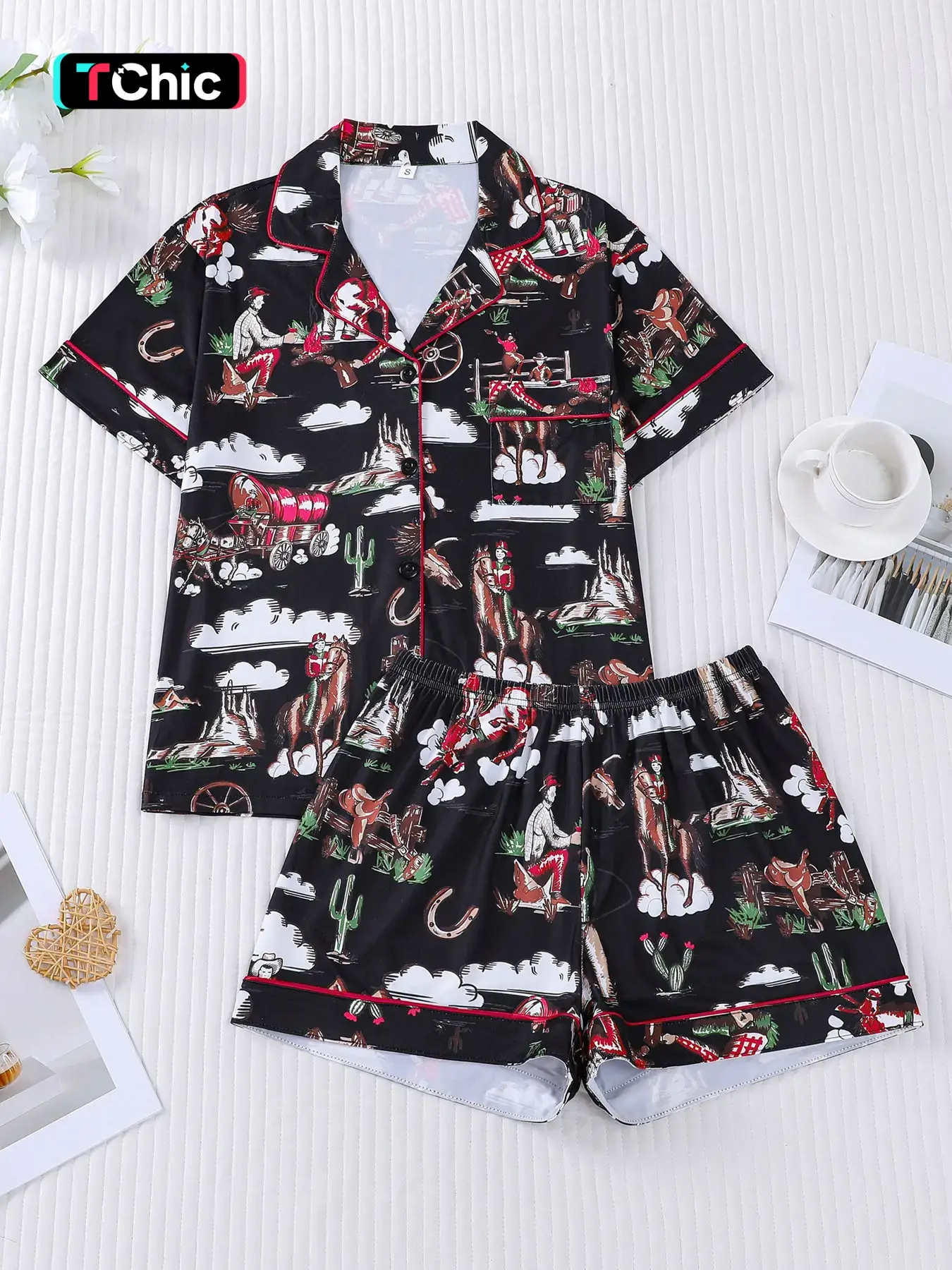 Women's All Over Cowboy Print Lapel Shirt & Shorts Pajama Two-piece Set, Casual Comfy Short Sleeve Top & Shorts PJ Set, Casual Pajama Sets, Ladies Summer Sleepwear Pajamas Loungewear Pyjamas Womenswear Cowgirl Pajama Shorts, Nightwear Sleepwear Homewear