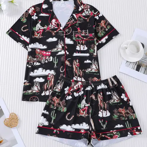 Women's All Over Cowboy Print Lapel Shirt & Shorts Pajama Two-piece Set, Casual Comfy Short Sleeve Top & Shorts PJ Set, Summer Sleepwear Loungewear, Homewear, Pyjamas Set