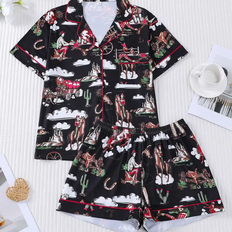Women's All Over Cowboy Print Lapel Shirt & Shorts Pajama Two-piece Set, Casual Comfy Short Sleeve Top & Shorts PJ Set, Summer Sleepwear Loungewear, Homewear, Pyjamas Set