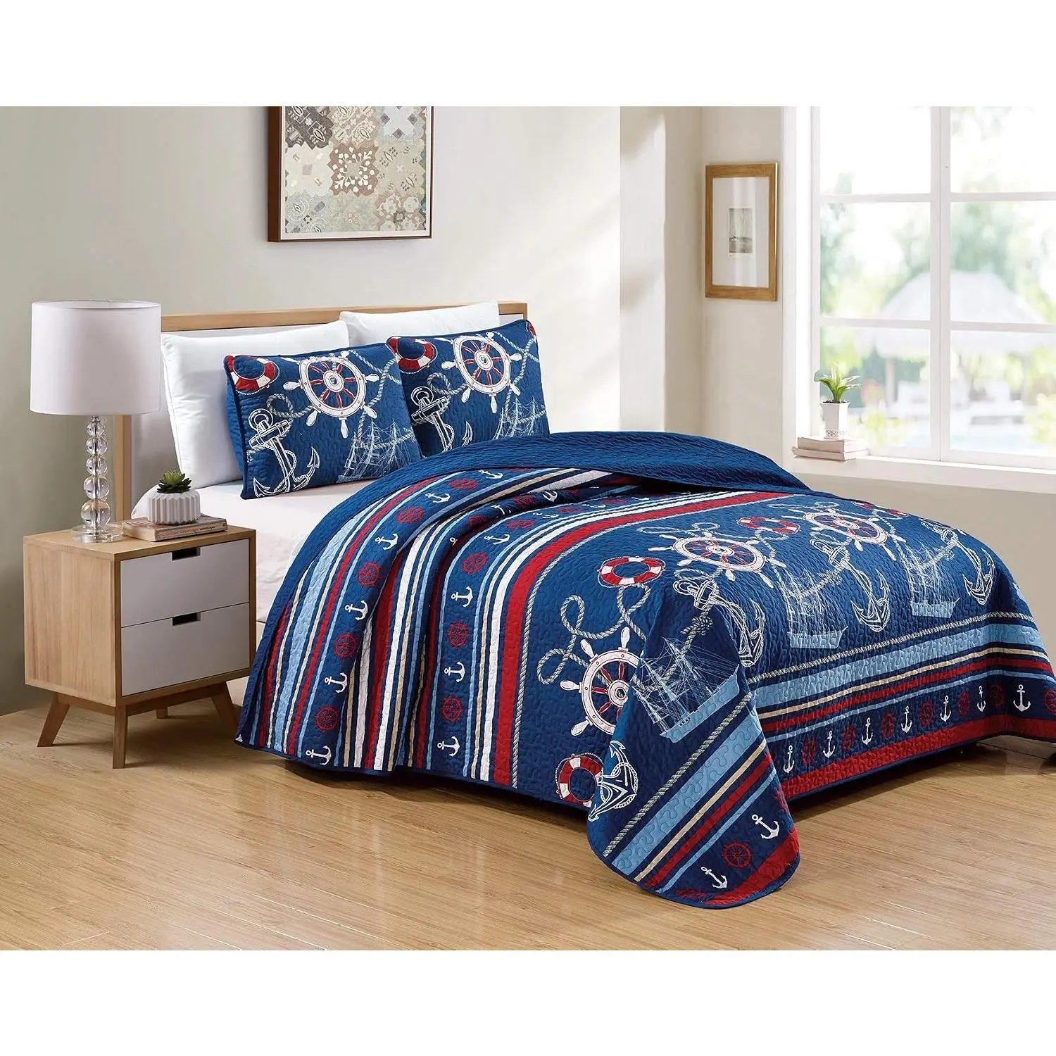Home Linen Bedspread Set Navy Blue Red White Ships Rope Anchor Stripes New (King/Cal King)
