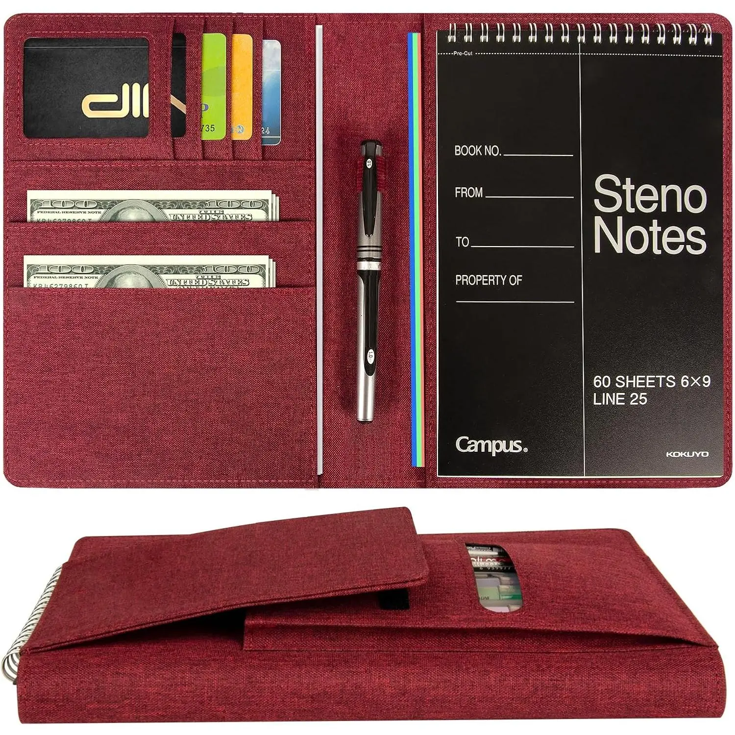 Journal Cover for  Flip | 6"x9" Steno Pad Holder & Top Spiral Notebook Cover |  Folio with Pen Loop & File Pocket for A5, Executive Size Notebooks (Red)