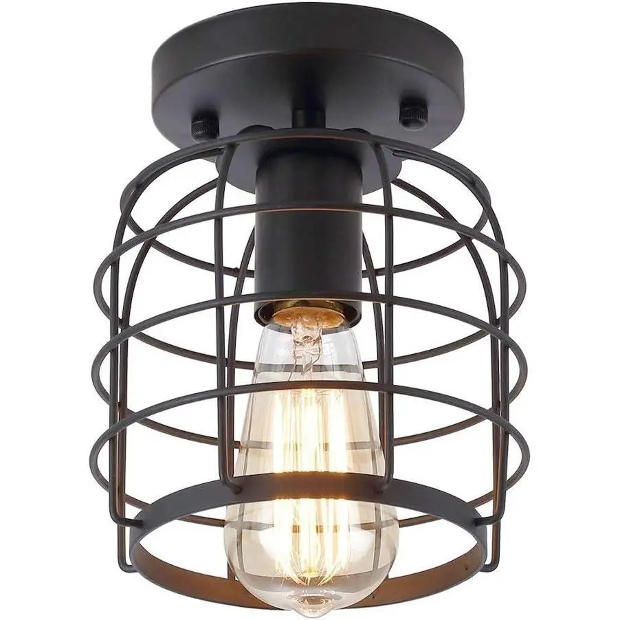 Industrial Vintage Flush Mount Ceiling Light,Rustic Metal Cage Pendant Lighting Lamp Fixture for Hallway Stairway Kitchen Garage, E26, Black Painting Finish