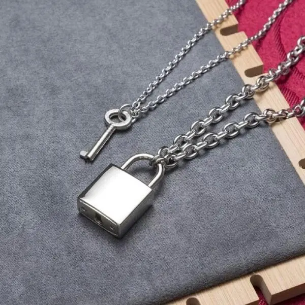 Stainless Steel Lock Key Pendant Necklace Long Chain Punk Multilayer Statement Choker Necklaces for Women Men Boy Girls