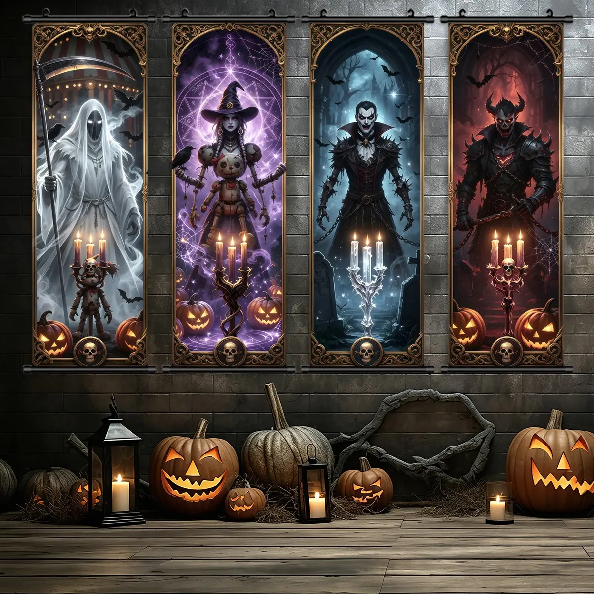 4 Count Halloween hanging pictures, graveyard vampire voodoo doll dark theme, Halloween decoration, retro horror theme, fun atmosphere, suitable for garden party, bedroom living room decoration, holiday gift box, odorless, waterproof