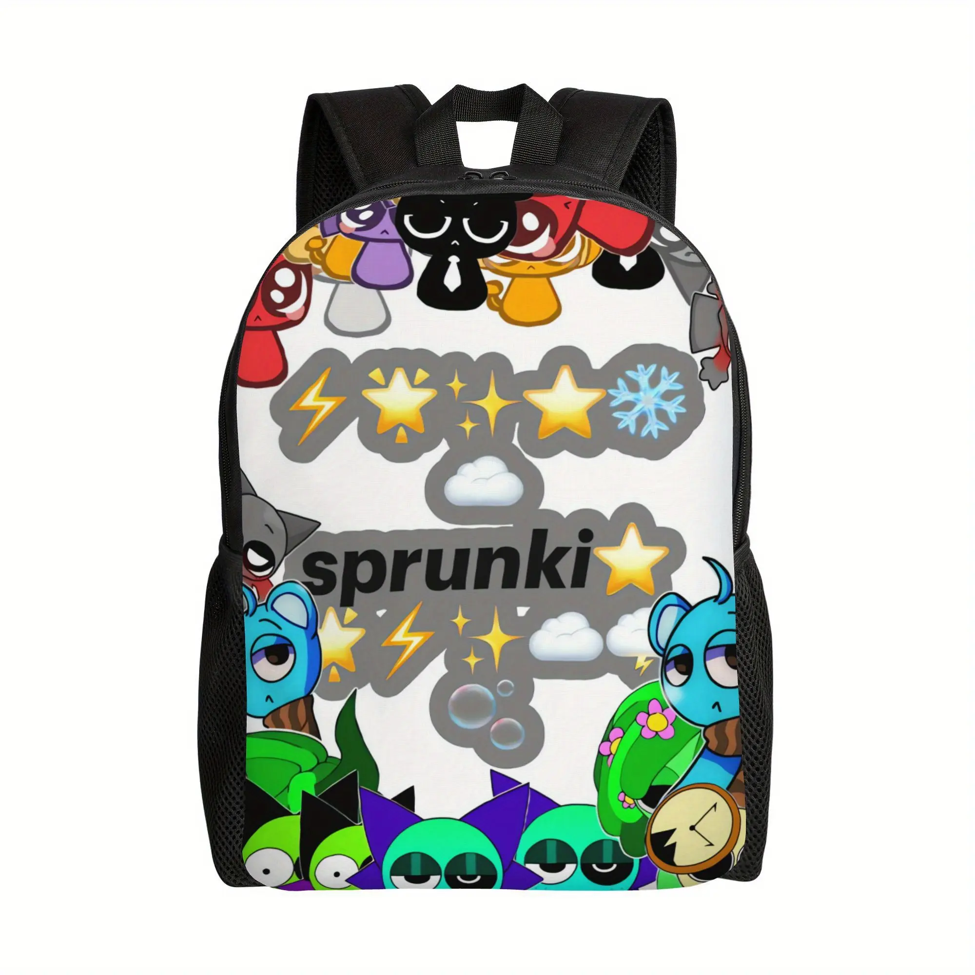 Sprunki Cute Casual Oxford Cloth Backpack - Stylish Black and White Campus Life Bag with Cartoon Characters, Stars, Lightning Bolts, Adjustable Durable Shoulder Straps, Carry Large, Ideal for School, Work, Chic, Cute Backpacks