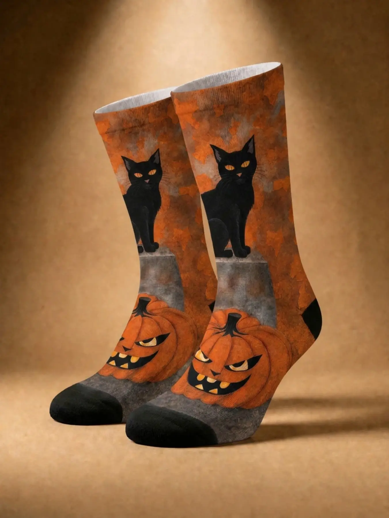 1 Pair of Halloween Yellow-Eyed Black Cat Evil Jack-o'-Lantern Mid-Calf Socks—Retro Postcard Illustration Style, Autumn Earth Tones, Unisex, 360° All-Over Print Design, Atmospheric and Trendy Socks, Casual socks