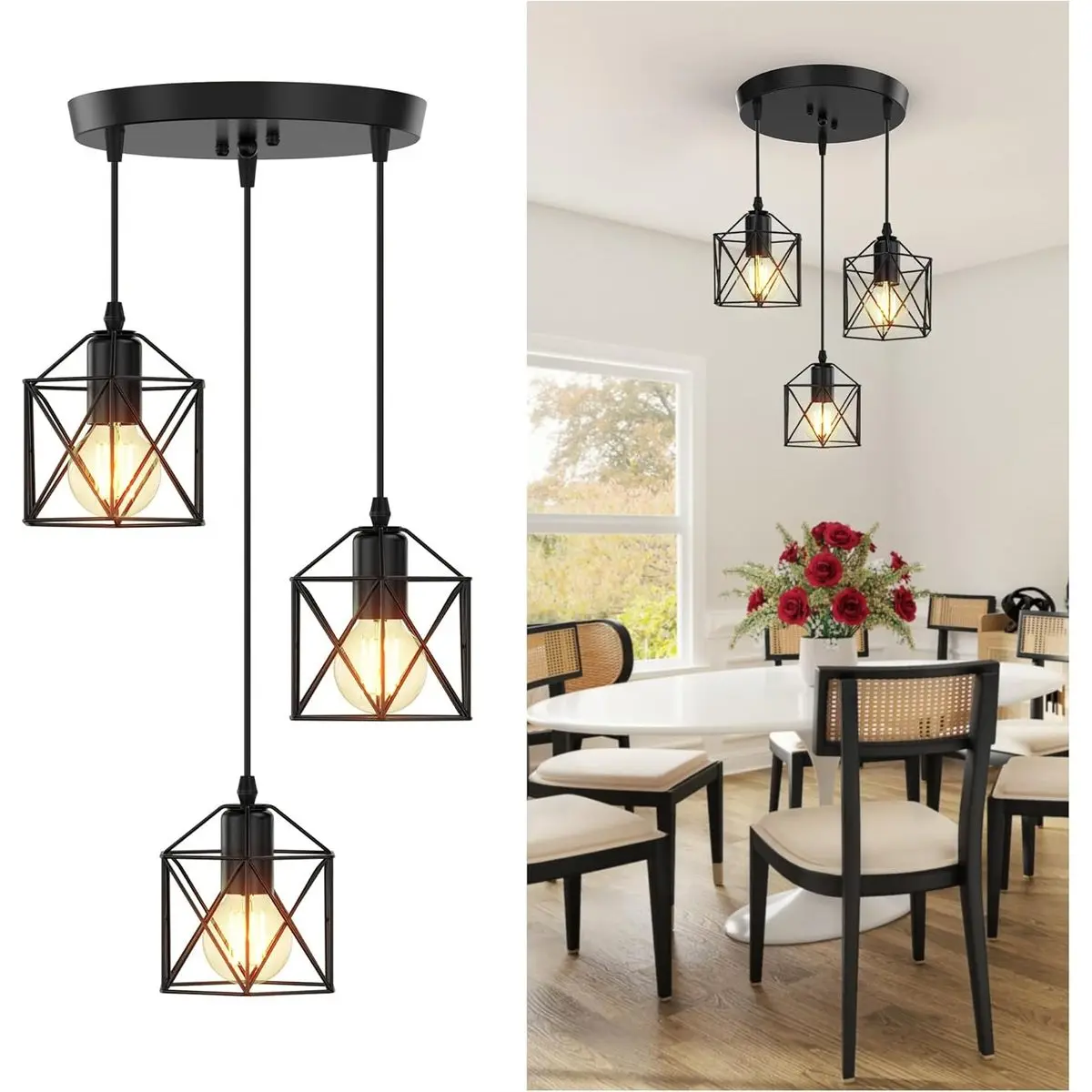 3-Light Farmhouse Pendant Light Fixture, Industrial Matte Black Hanging Ceiling Light with Adjustable Height & E26 Base for Kitchen Island, Dining Room, Entryway, Living Room & Modern Home Decor
