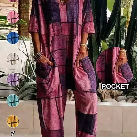 Plus Size Women's Geometric Print Jumpsuit, V Neck Three-Quarter Sleeve Loose Fit with Pockets, Comfortable Casual Wide Leg Design, Baggy