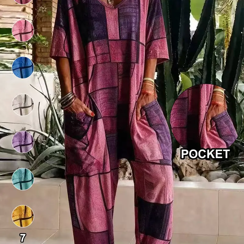 Plus Size Women's Geometric Print Jumpsuit, V Neck Three-Quarter Sleeve Loose Fit with Pockets, Comfortable Casual Wide Leg Design, Baggy