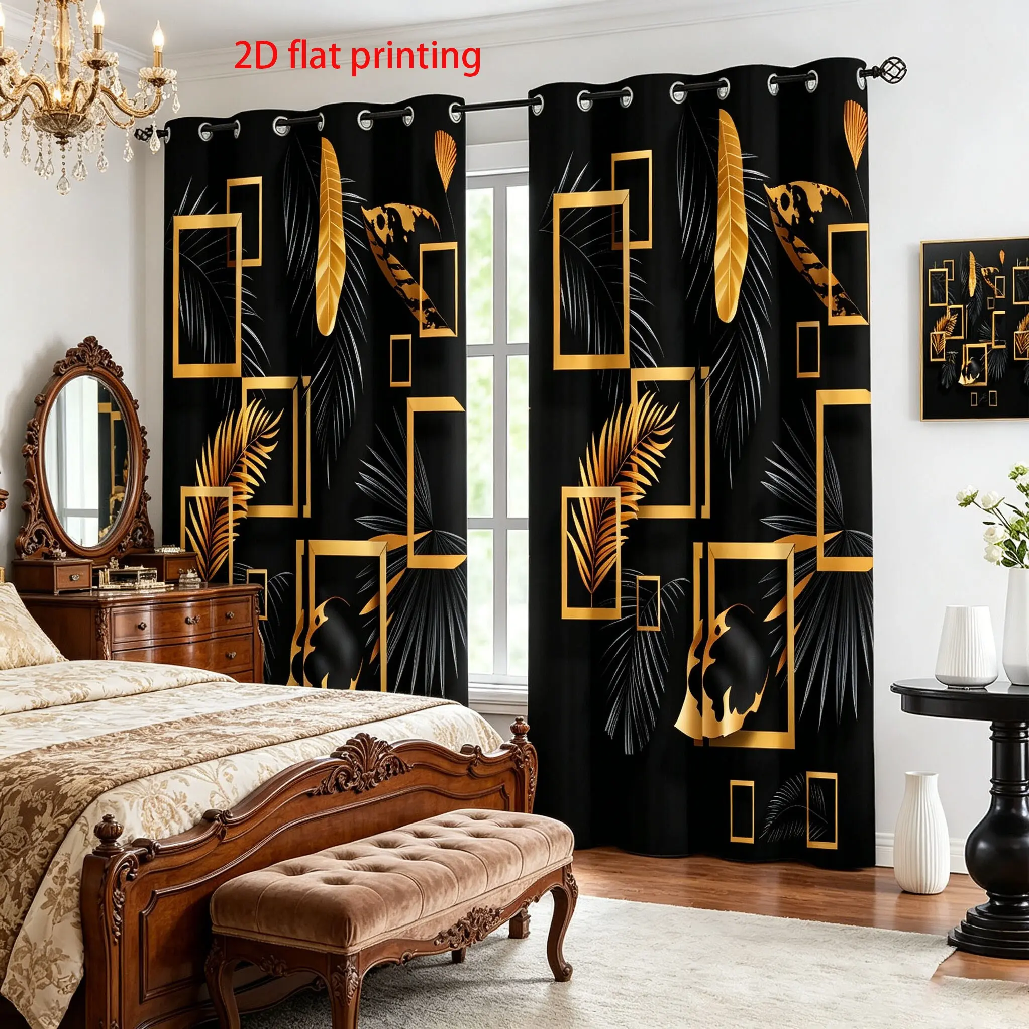 2-piece set of black gold tropical plant leaf curtains, light luxury high-end living room and bedroom curtains, semi blackout polyester fabric, home daily room decoration curtains, Window Curtain, Curtain Panels