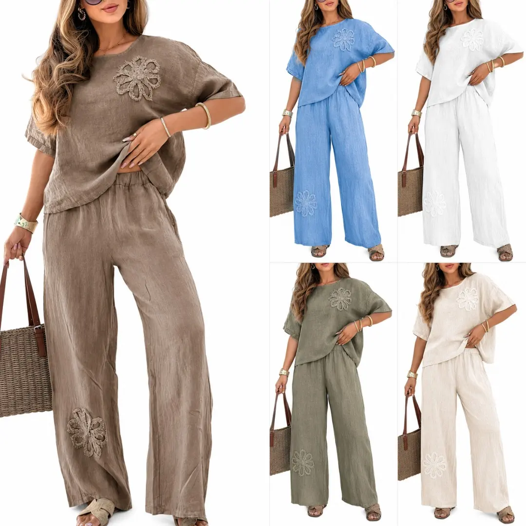 Women's 2-piece Set Large Size Embroidered Casual Set High Waist Loose Trousers