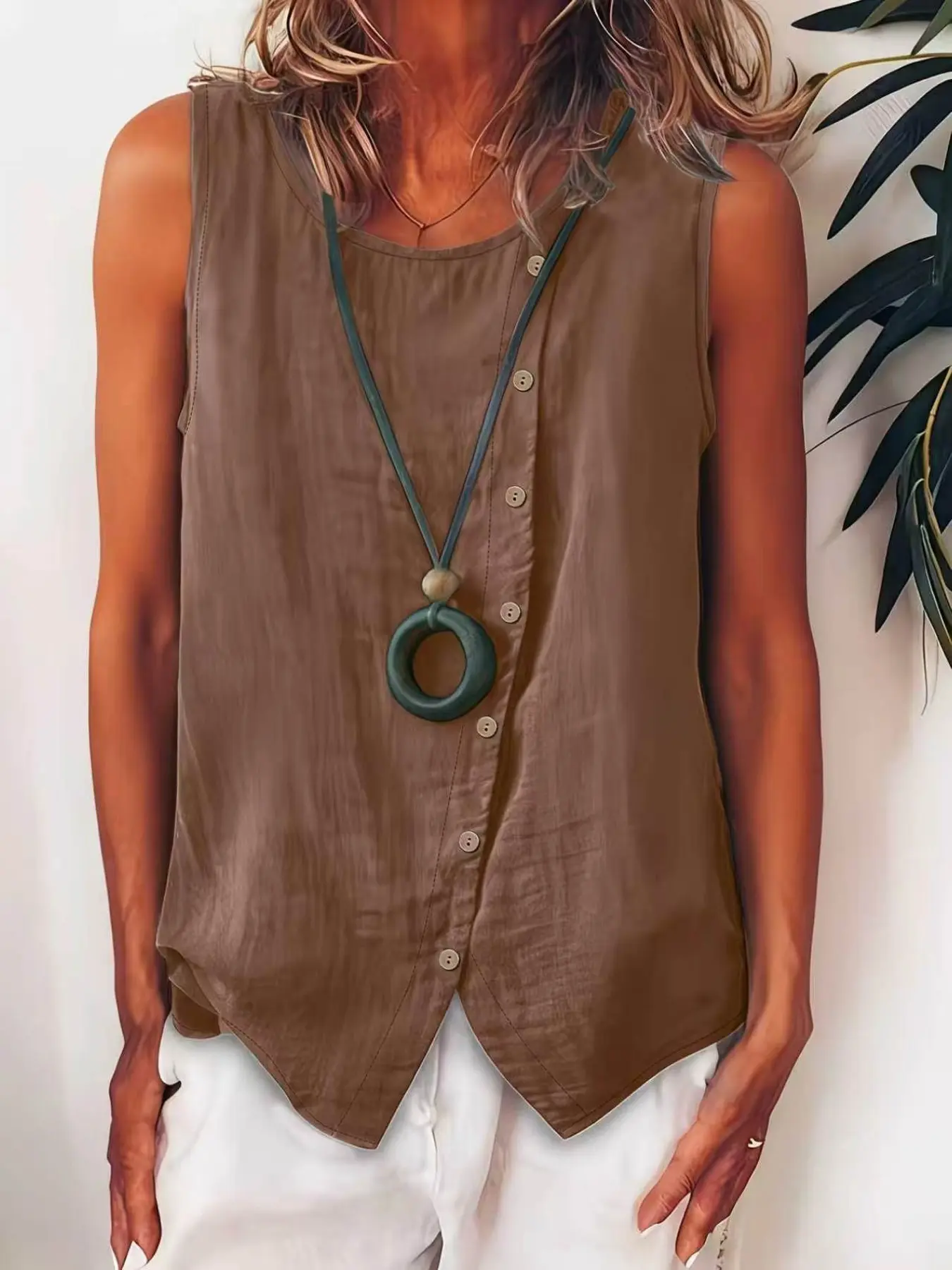 Summer Women's Casual Sleeveless Fashion Button Closure Tank Top, Asymmetric Button Front Round Neck Linen Shirt, Perfect for Outdoor Leisure Wear 8008