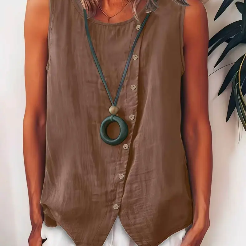 Summer Women's Casual Sleeveless Fashion Button Closure Tank Top, Asymmetric Button Front Round Neck Linen Shirt, Perfect for Outdoor Leisure Wear 8008