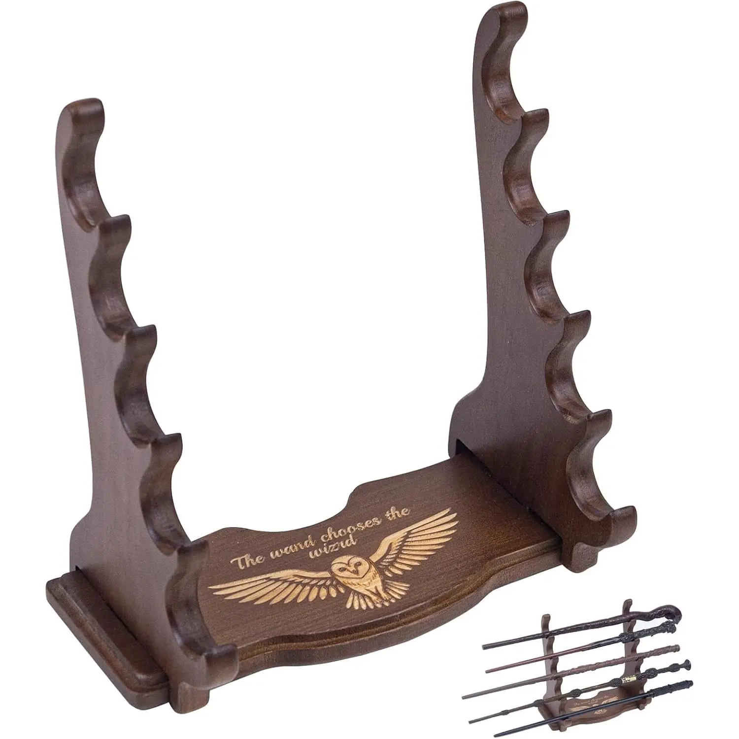Wooden 5 Tiered Magic Wand Stand, Wand Holder for Desktop Display,Solid ,5 Display Space,Exquisite Engraved  Print,Classic Walnut Color