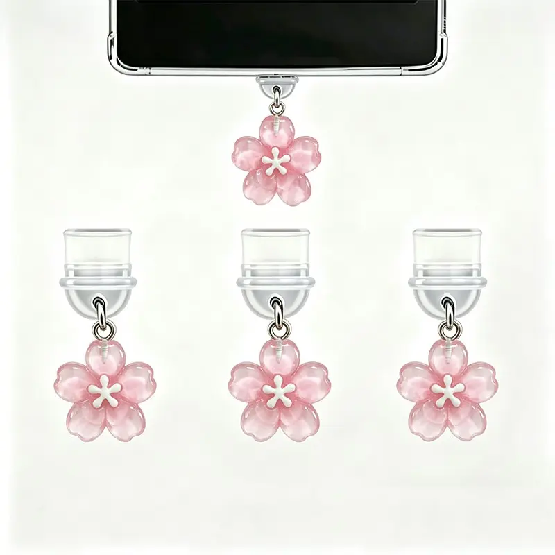 3pcs Cherry Blossom Phone Dust Plug, USB Type C & Lightning Connector Protector, Mobile Phone Accessories, Ideal for Gifts, Perfect for Holidays & Special Occasions