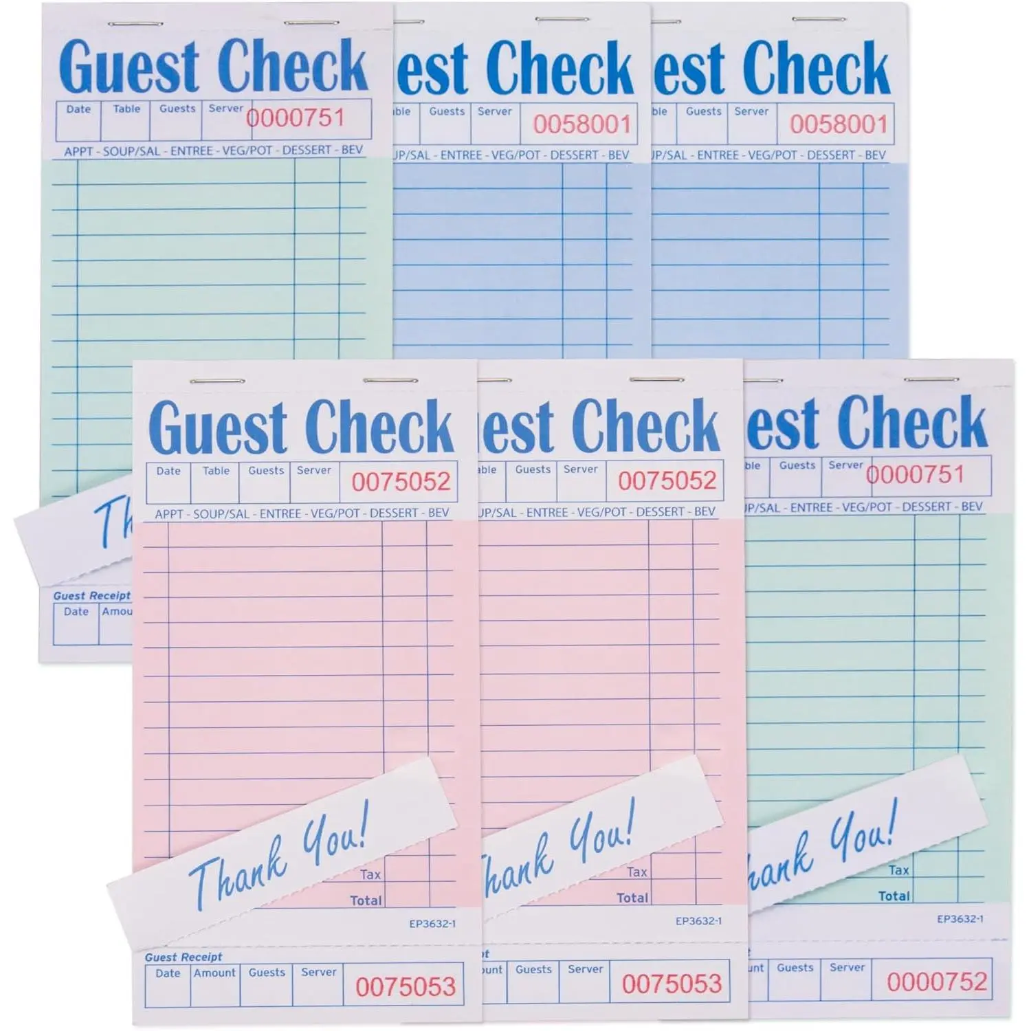 Guest Check Pads for Servers - Thick Paper (6 Pads), 300 Orders , Waitress Notepad for Restaurants (, 6.75"x3.5"), 50 Sheets/Pack
