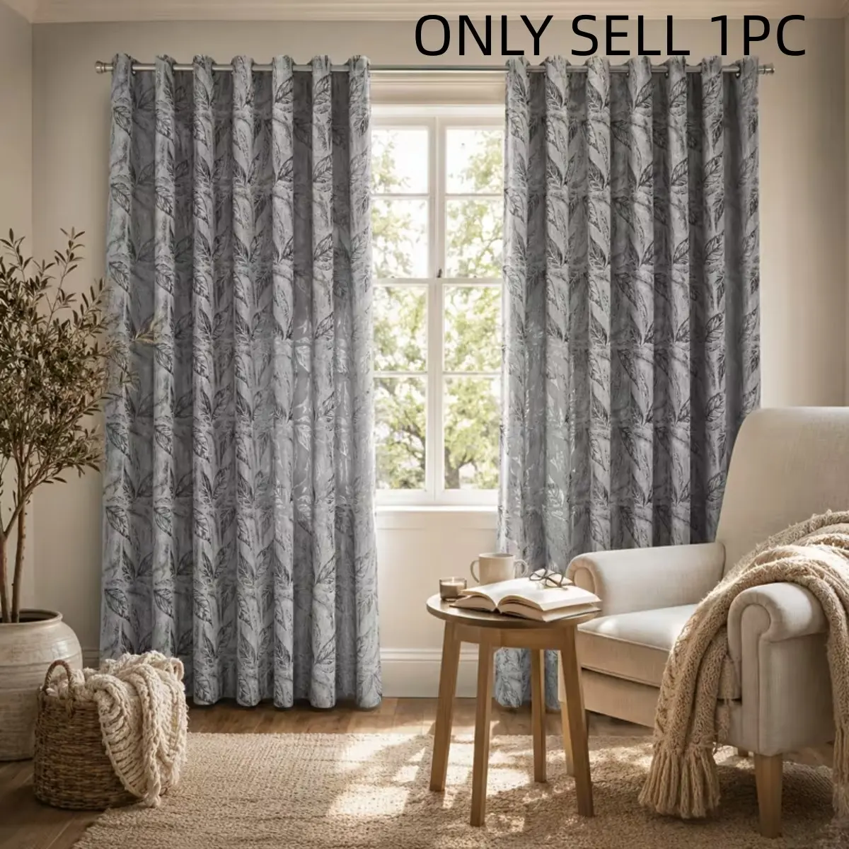 1PC Jacquard Leaf Sheer Curtain, Soft Light Plant Pattern, Ring Suspension, Suitable for Farmhouse and Modern Home Decor, Privacy Drapes