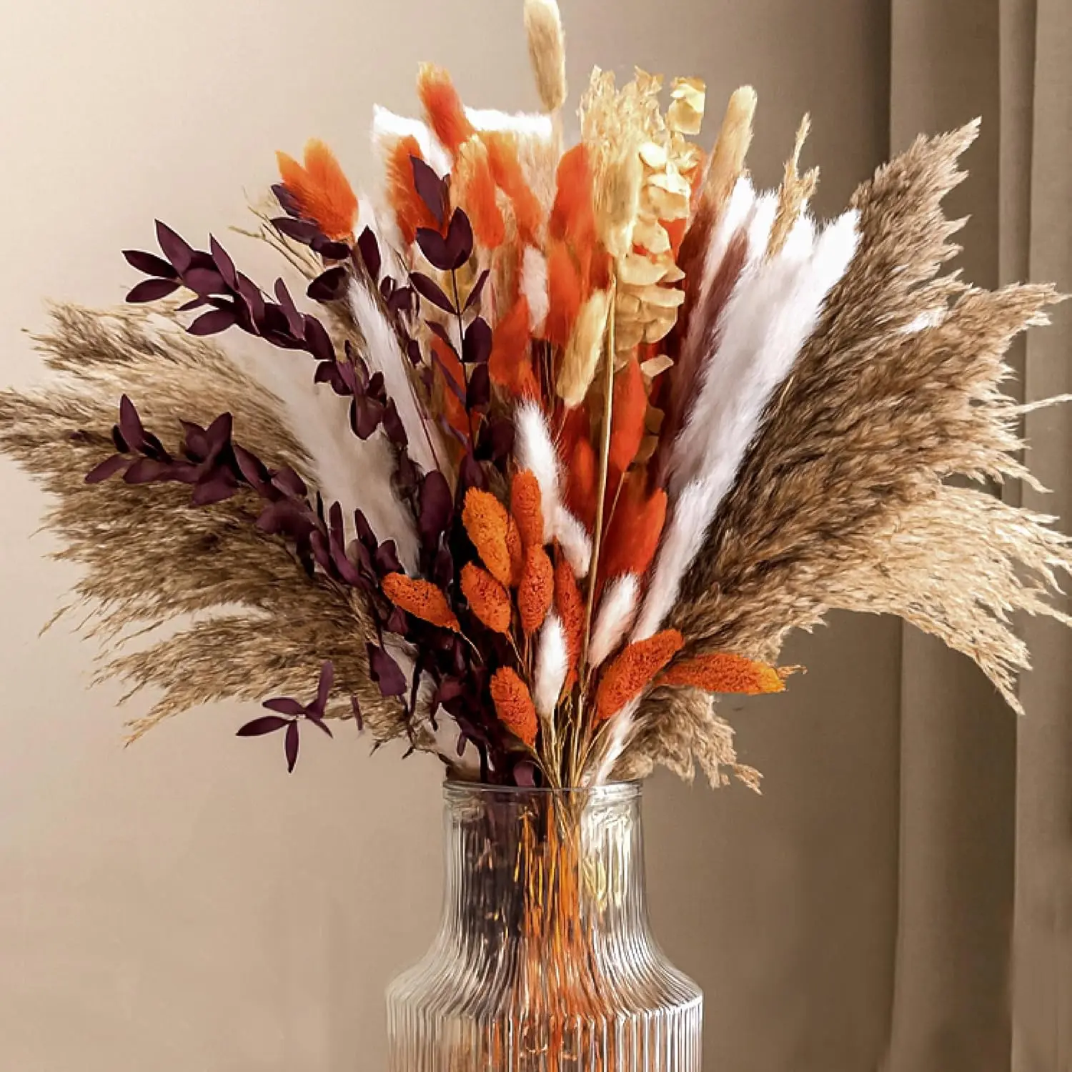 130Pcs Real Orange Pampas Grass, 17" Natural Dried Flowers Boho Winter Decor, Mixed Fall Flowers Bouquet - Bunny Tails Eucalyptus Home Floral Arrangements Wedding Centerpiece