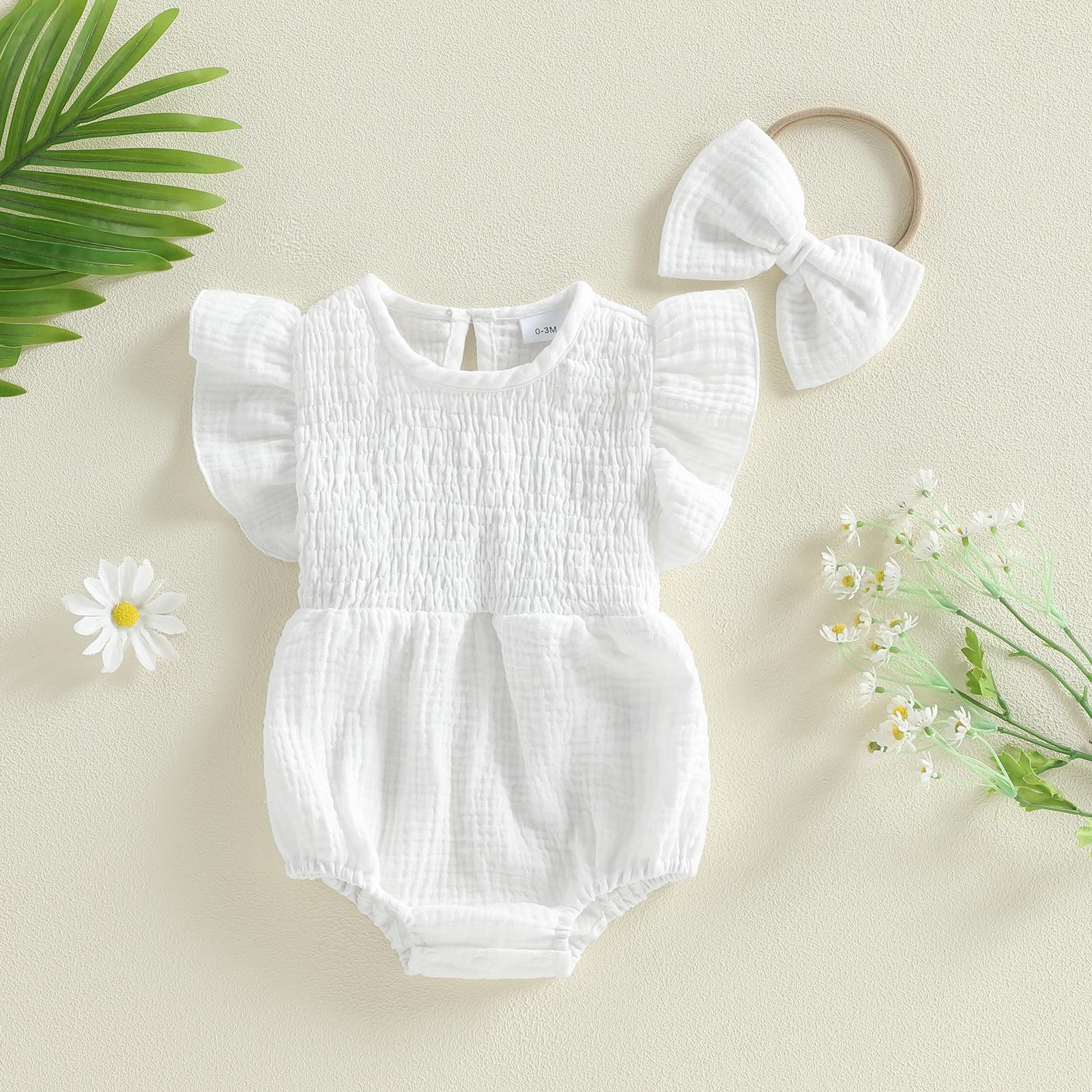 Newborn Baby Girl Romper Ruffle Sleeve Solid Smocked Bubble Romper Jumpsuit Bow Headband Cute Infant Summer Clothes