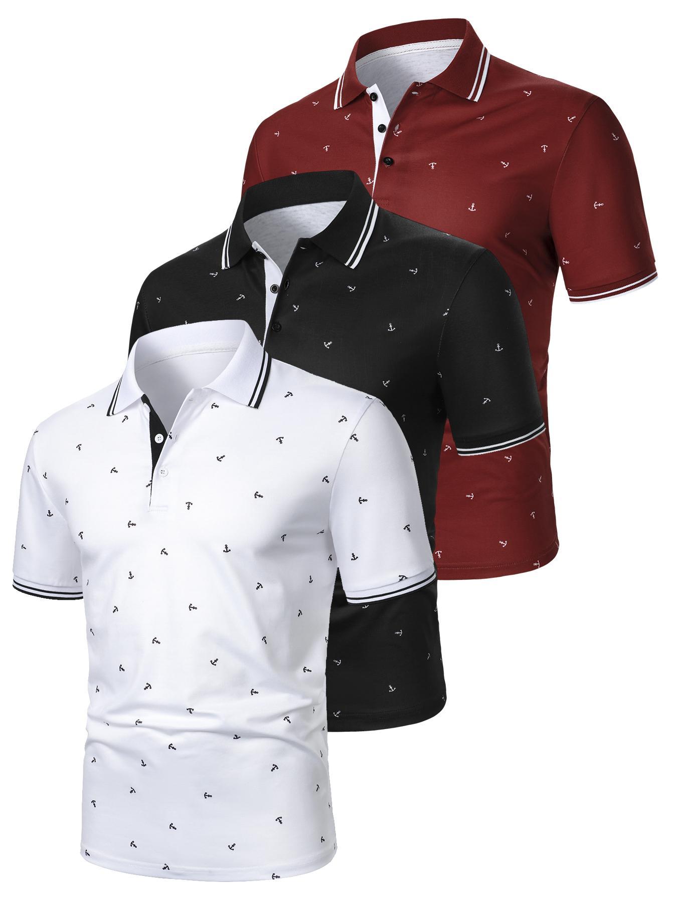 Men's Anchor Print Knit Polo Shirt, Regular Fit Casual Short Sleeve Collared Top for Summer, Fashion Men's Clothes for Daily Wear, Fitted