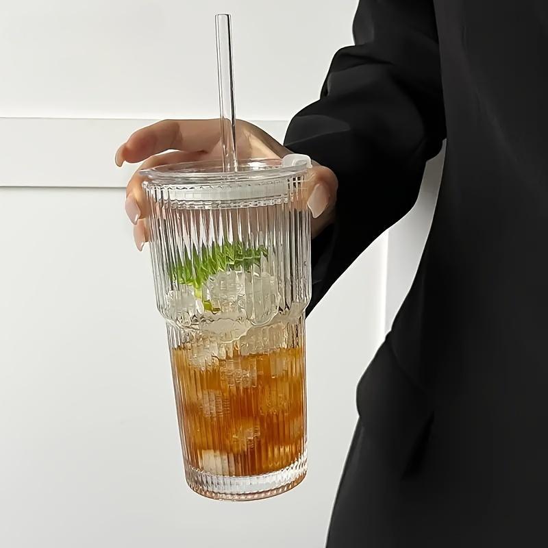Large-Capacity Striped Glass Tumbler with Lid, Reusable Cold-Drink Cup for Juice or Coffee, Hand-Wash-Only Drinkware for Home, Office, Celebrations & Gift