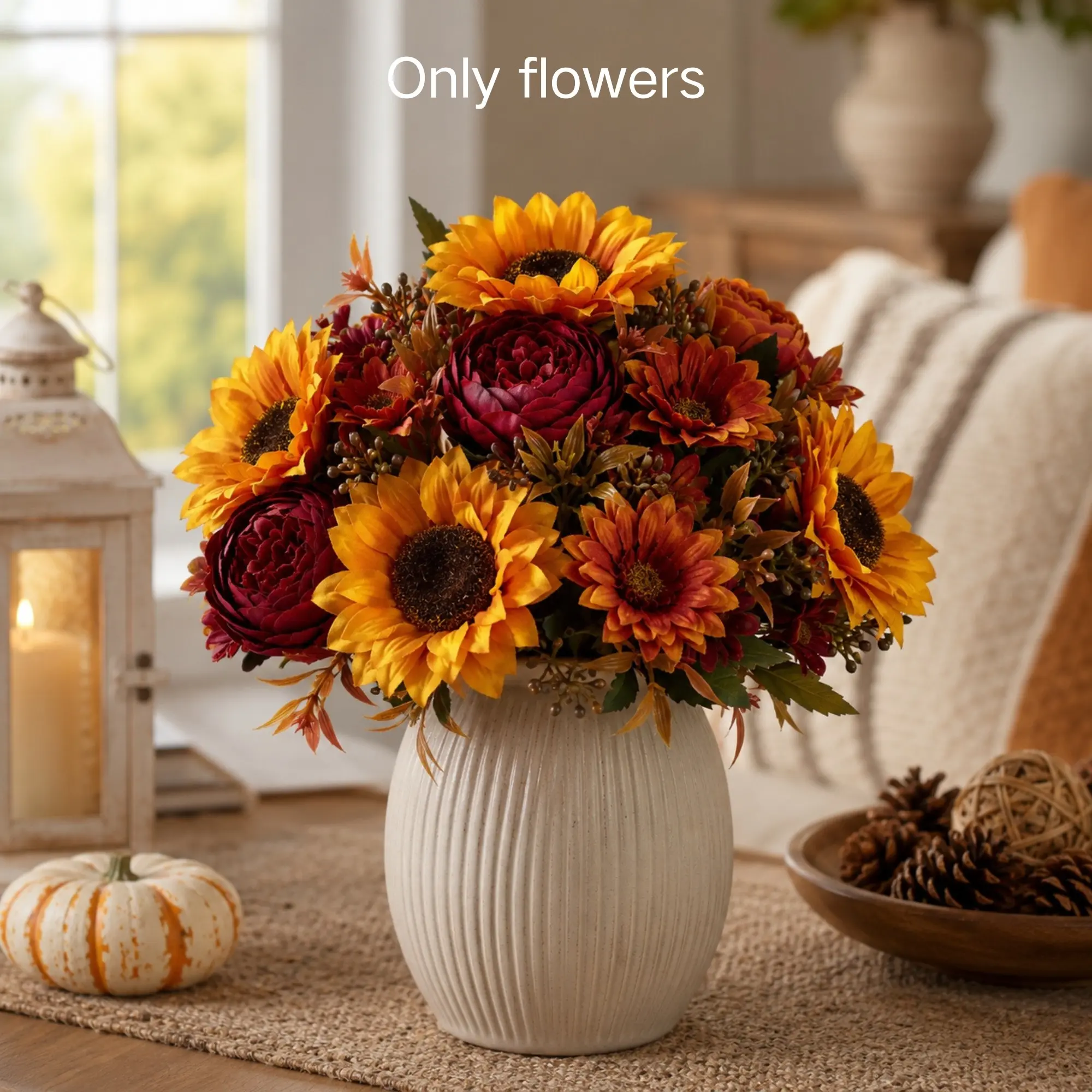 Artificial Fall Flowers Sunflower Peony Mums Bouquet Fake Autumn Floral Arrangement for Vase Home Table Centerpiece Wedding Thanksgiving Harvest Party Gift DIY Wreath Birthday Decoration Indoor Outdoor Farmhouse Decor 4 Bunches
