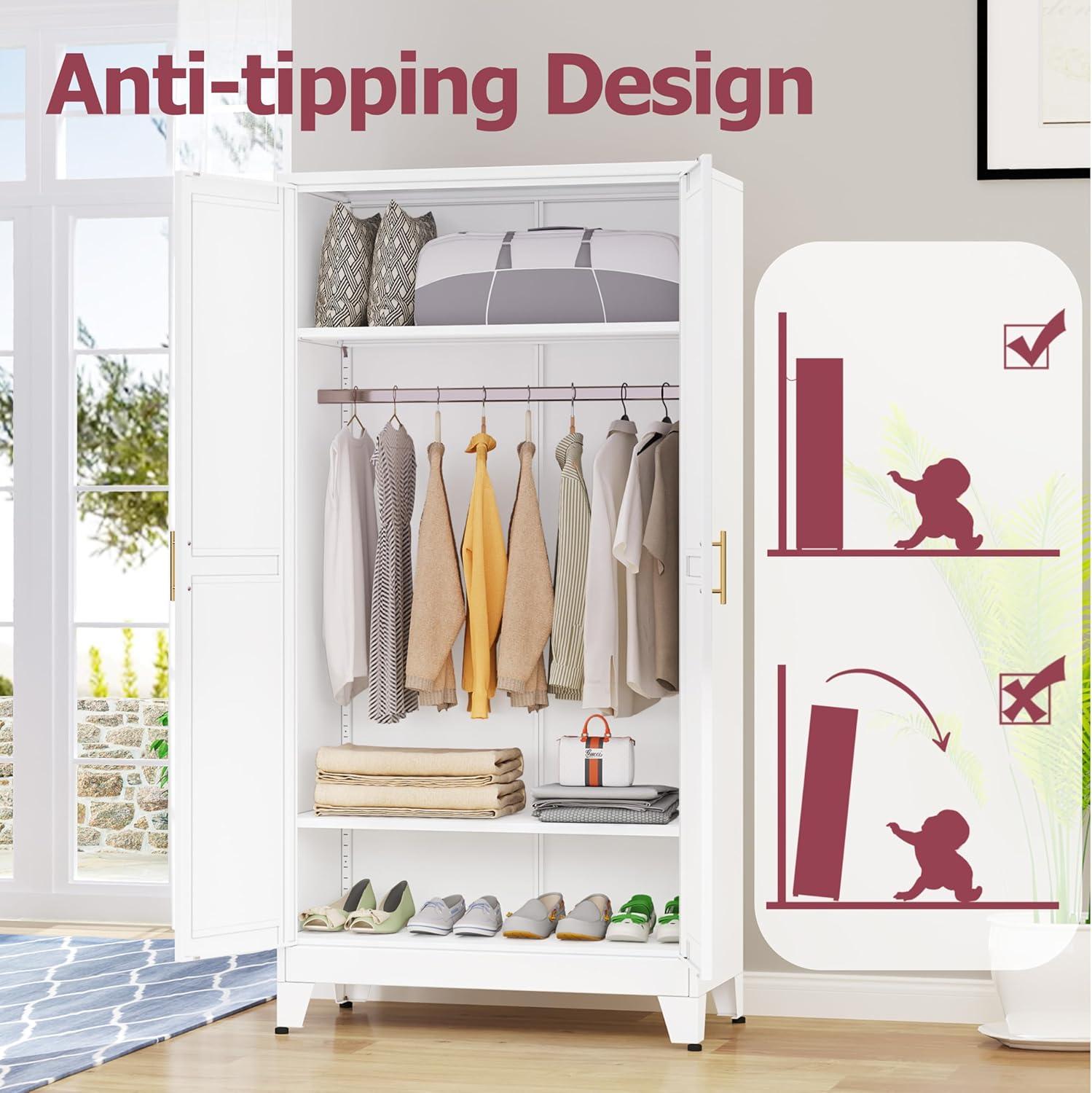 Metal Wardrobe Cabinet with Hanging Rod, 71" Metal Clothing Storage Cabinets with 2 Doors and Adjustable Shelves, White Armoire Wardrobe Closet for Bedroom, Laundry Room, Cloak Room mothersdaygift