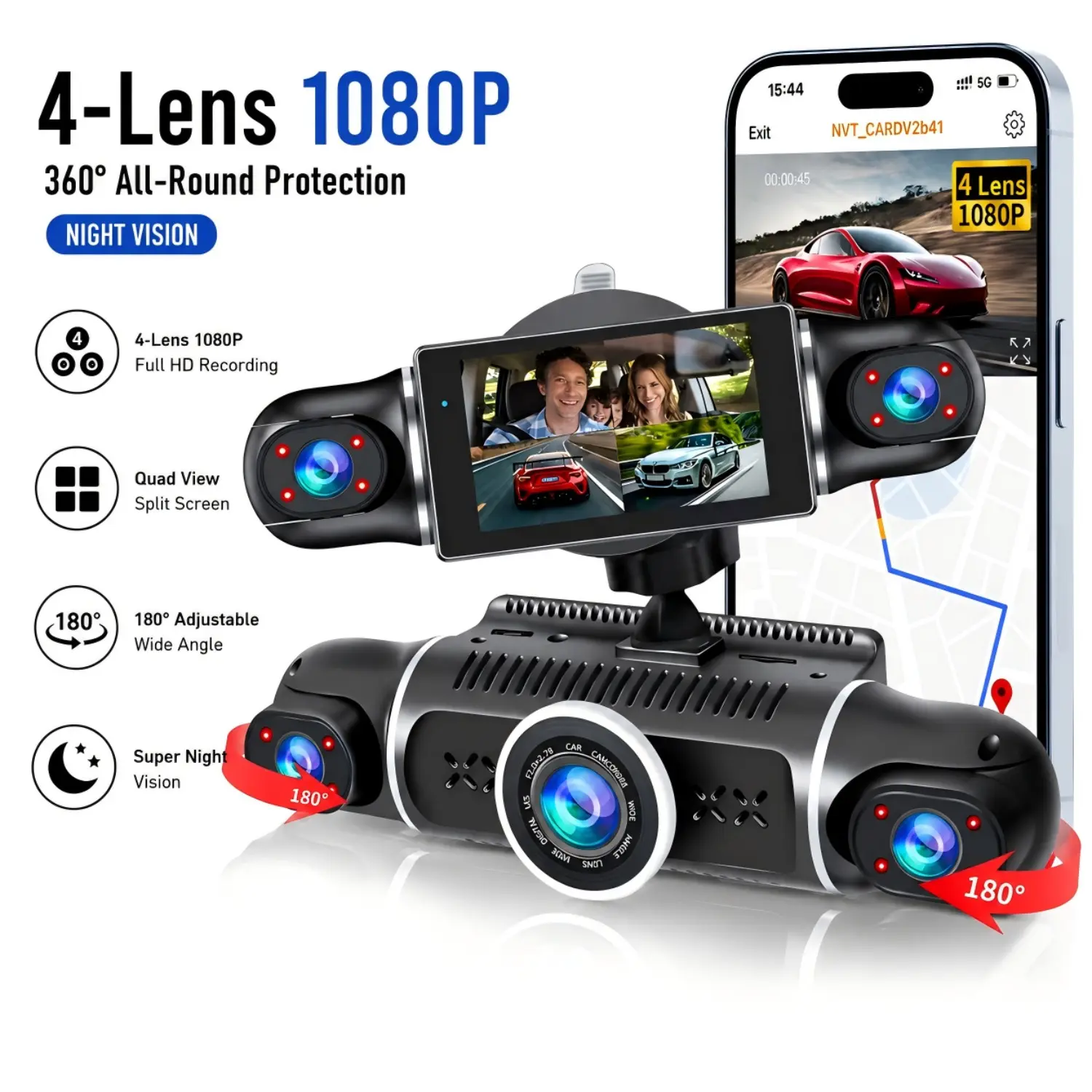 Dash Cam for Cars 360° Recording, WiFi GPS Car Camera, 3/4 Channel FHD 1080P Front Rear Inside Dashcam, Super Night Vision, WDR, G-Sensor, Loop Recording, Parking Monitor, 64GB Card Optional