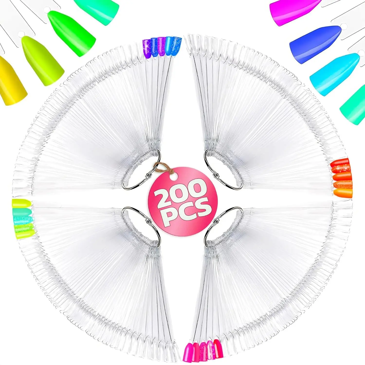 200 Pcs Clear Nail Swatch Sticks Transparent Acrylic Practice Tips with Metal Rings for Gel Polish, Suitable for Adding Designs, Rhinestones, Charms, Compatible with Silk Nail Wrap
