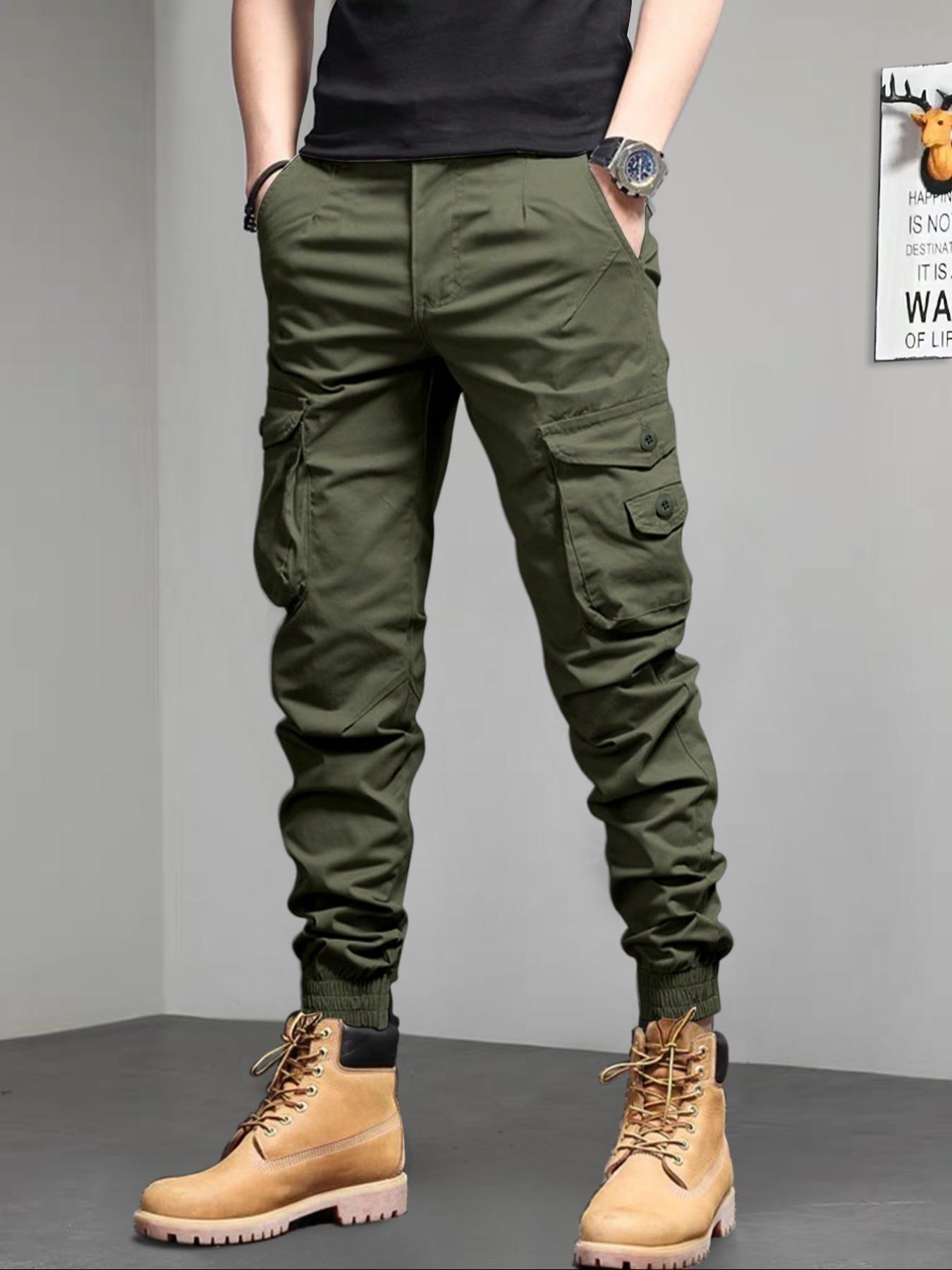 Men's Solid Pocket Cargo Pants, Loose Casual Drawstring Waist Trousers for Men, Woven Bottoms for All Seasons