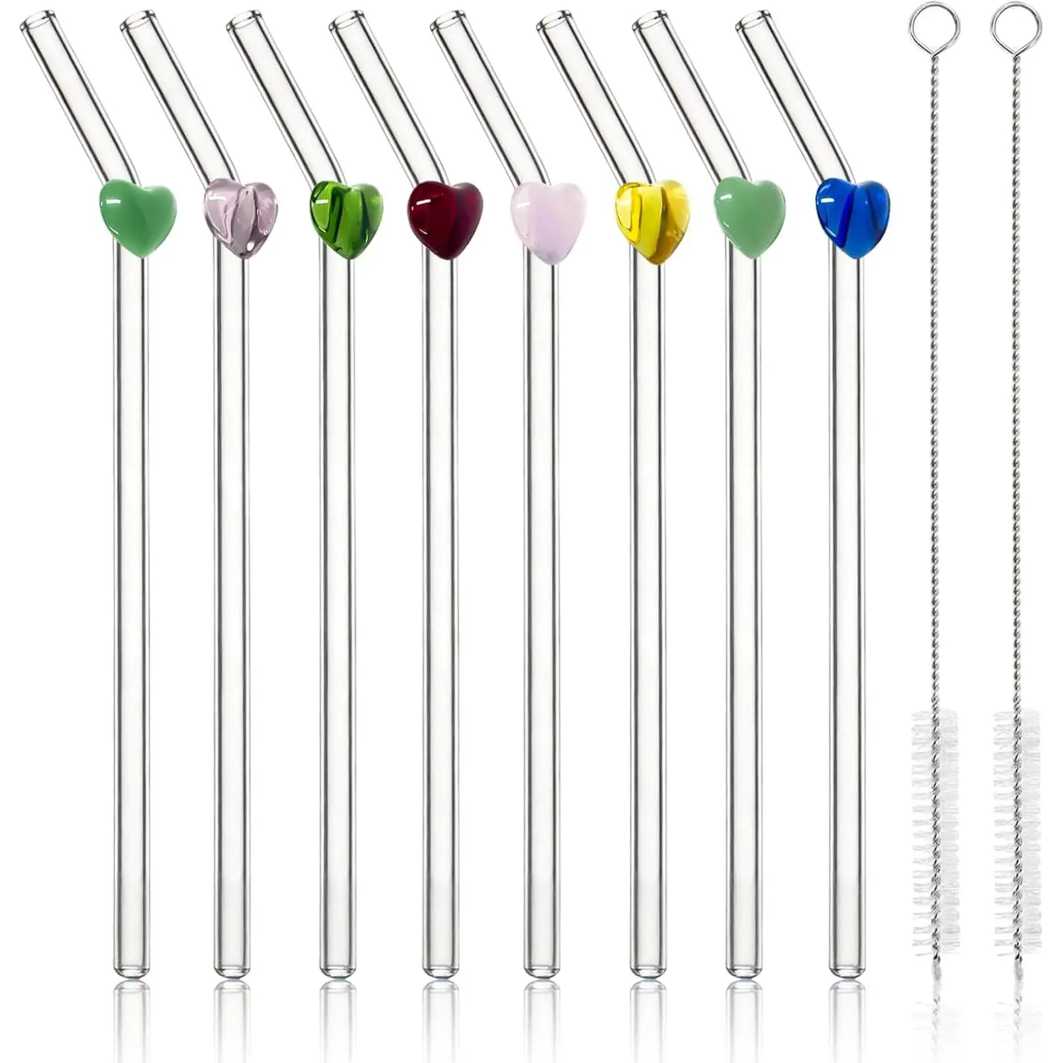 8 count Glass Straws With Charms Hearts,8" x 8 MM Shatter Resistant Glass Straws with Hearts with 2 Cleaning Brushes. Bent Drinking Straw for Coffee,Milkshake, Day ,Party,,Juice