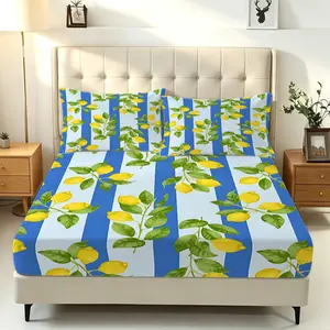3Pcs Fresh Summer Lemon Digital Print Fitted Sheet Set, Soft Elastic Bed Sheet Set Bedding Set No Fillers, Striped & Allover Lemon Fruit Pattern Deep Pocket Bed Cover for Bedroom Guest Room Farmhouse, Decorative Bed Linens for Adults Teens Summer Home