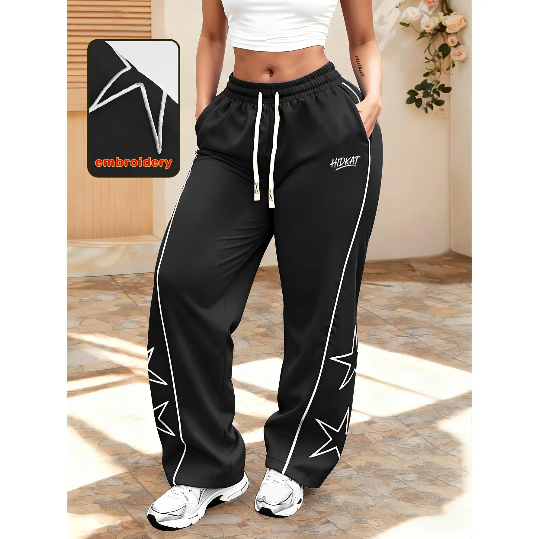 Women's Star Embroidery Wide Leg Pants, Drawstring Elastic Waist Side Stripe Loose Casual Trousers With Pockets