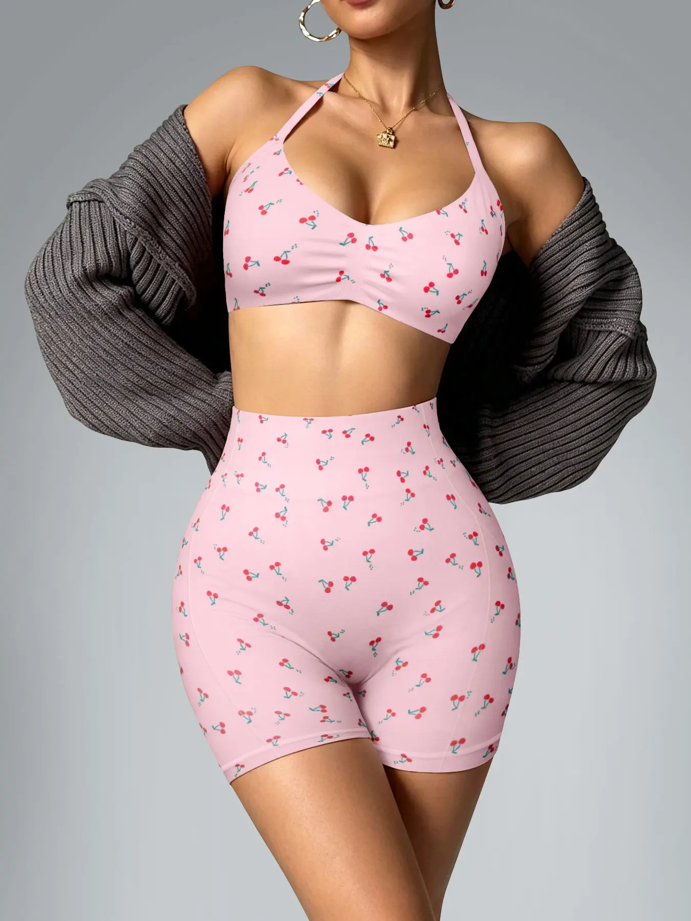 Women's Sporty Cherry Print Set, Stretch Breathable Tank Top and High-Waisted Workout Shorts, 2-Piece Fitness for Yoga, Running, Gym