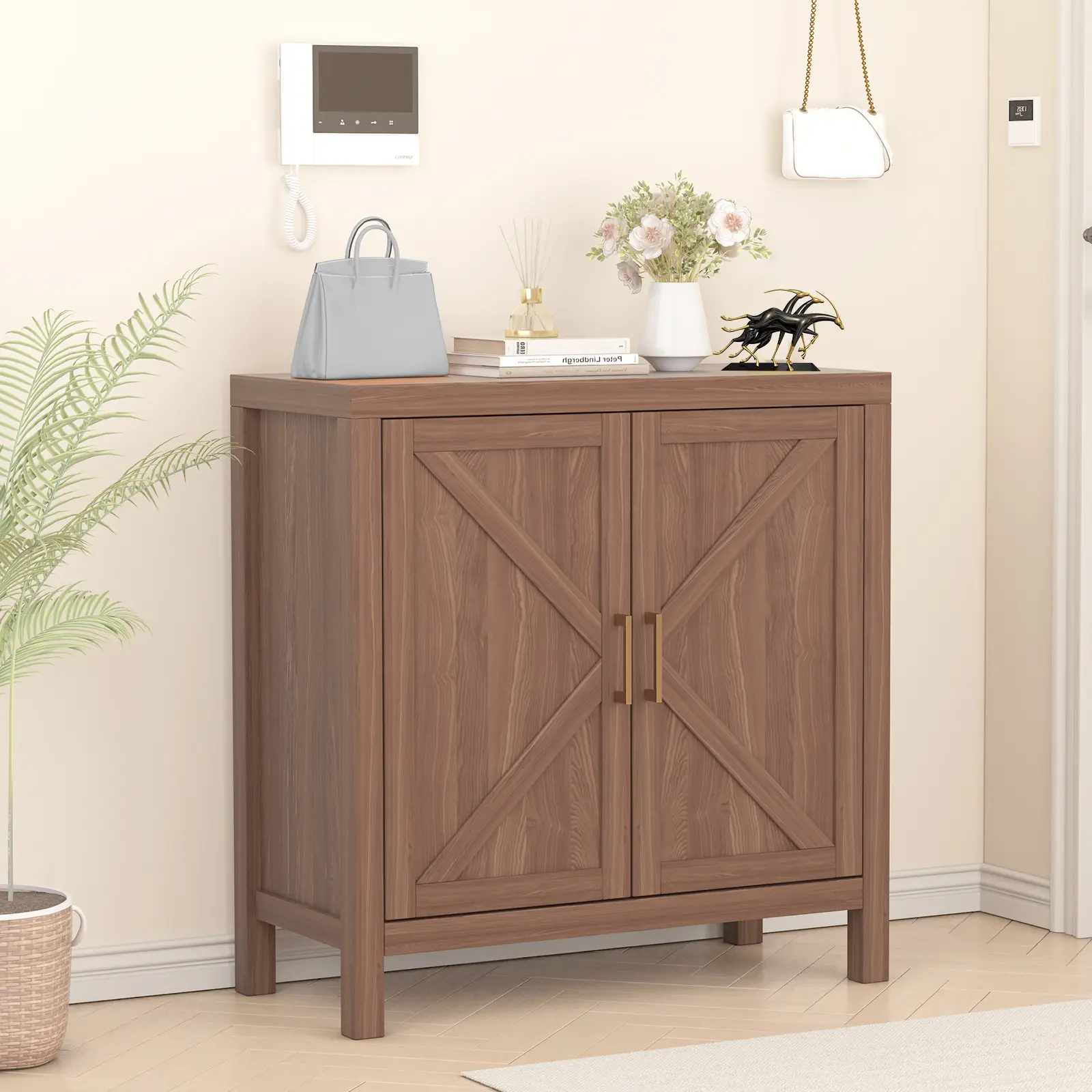 30 Inch Farmhouse Storage Cabinet, Wooden Double-Door Sideboard Buffet Cabinet with 2 Adjustable Shelves, Rustic Brown Entryway Cabinet for Kitchen, Bedroom, Living Room