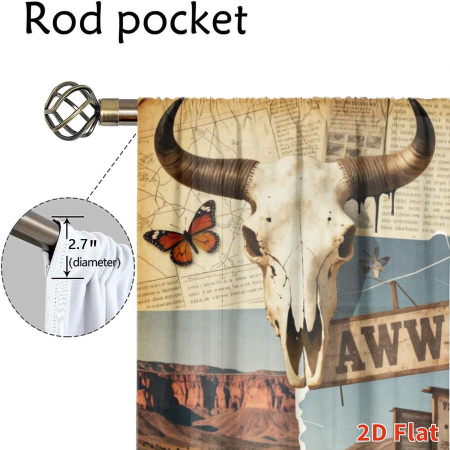 2Pcs Western Style Wild West Cow Skull Cowboy Boots Desert Cactus Sun Blocking Curtains Digital Printed Rod Pocket, Window Treatment For Bedroom Office Kitchen Living Room Study Home Decor