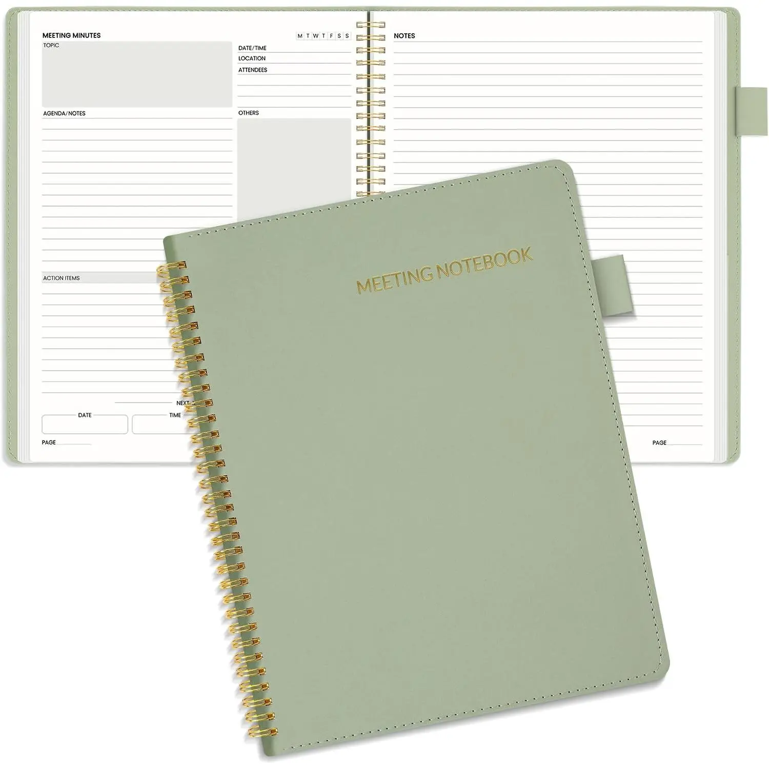 Vegan Leather Professional Notebook - 8.5"x11" A4, 160 Ink Bleedproof Lined Pages, Golden Spiral Meeting Zones Organizer for Work, Project Planning, Note Taking, A4 Size