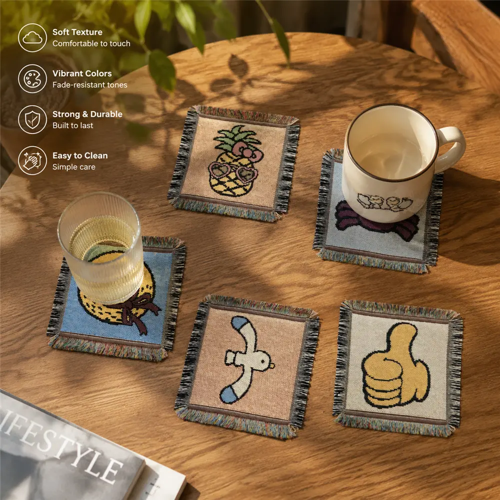 Fun Fruit & Ocean Themed Woven Coaster Set, Non-print Fringe Square Mats With Cute Pineapple, Seagull And Tropical Patterns, Lightweight Portable Decorative Coasters For Home, Coffee Bar, Tabletop And As A Fun Gift