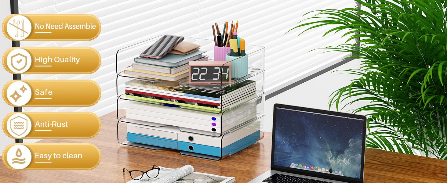 Paper Organizer Letter Tray, 4 Pack Acrylic Stackable Desk File Organizer for Files, Papers, iPads, Letters, A4 Office Files, Books, Notes, Etc