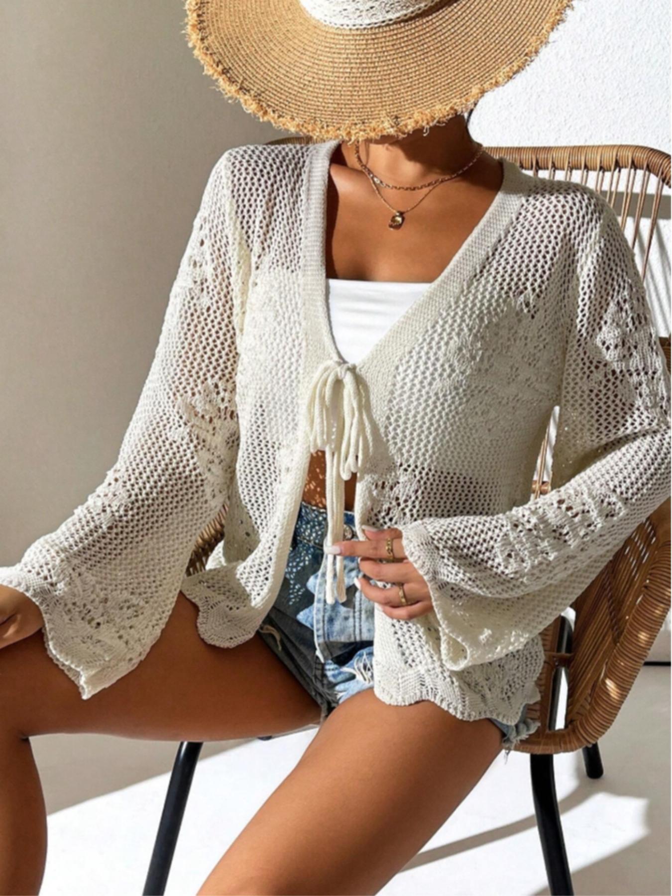 Women's Fitted Plain Sheer Tie Front Knitting Cardigan, Casual Long Sleeve Cardigan for Daily Wear, Ladies Knitwear for All Seasons