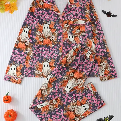Women's Halloween Pajama Set, Long Sleeve Button-Down Top & Elastic Pants, Casual Pumpkin Ghost Print, All Seasons Comfortable, Halloween Loungewear