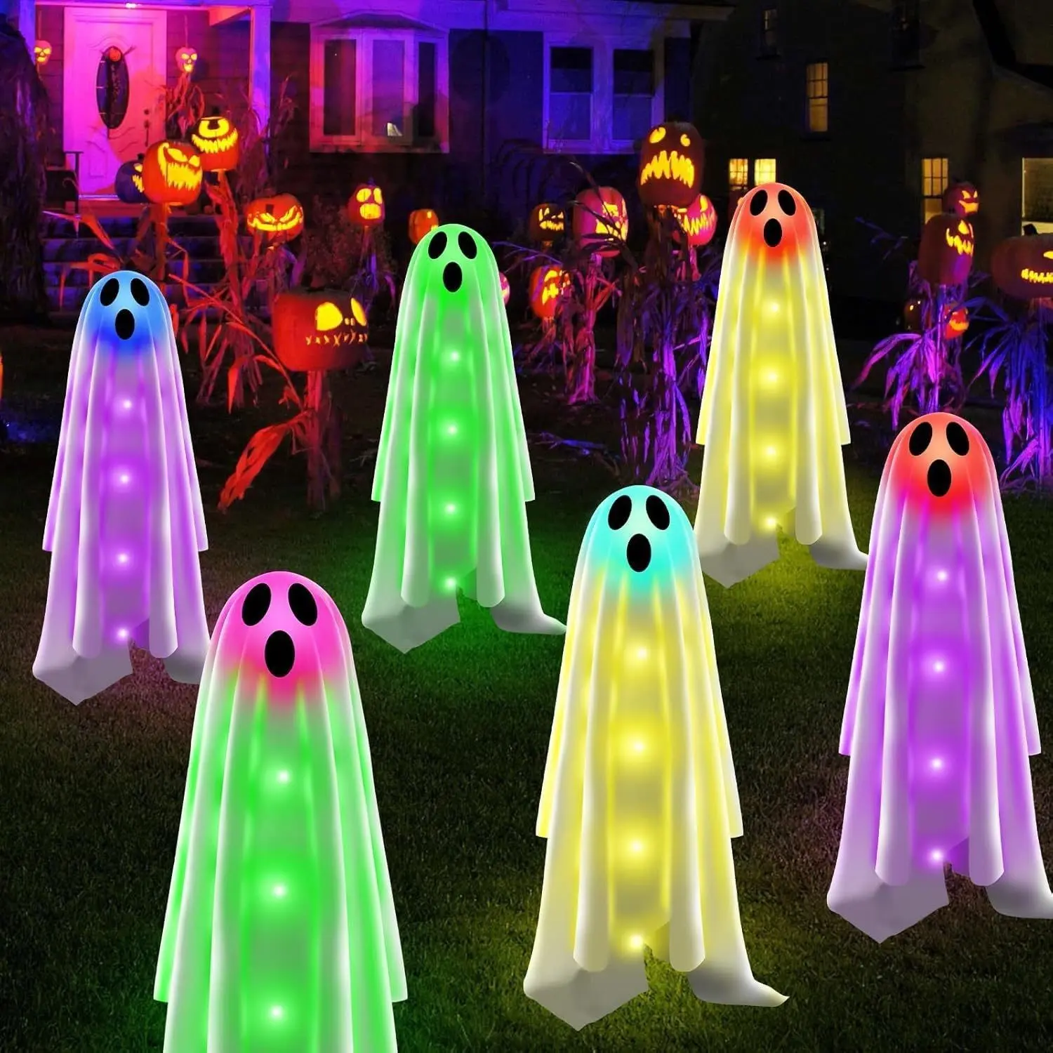 Solar Powered Halloween Pumpkin Stake Lights, Spooky, Waterproof Outdoor Garden Ground Insert Lamp, Jack-o'-lantern Landscape Ornament, Auto On Off Trick Or Treat Patio Walkway Haunted House Decor, Reusable Fall Holiday Gift For Cosplay Photo Shoo