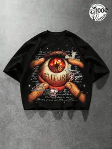 Unisex 100% Cotton Black Cropped Oversized T-Shirt | "FUTURE" Eye Print Gothic Y2K Alt Streetwear Casual Top