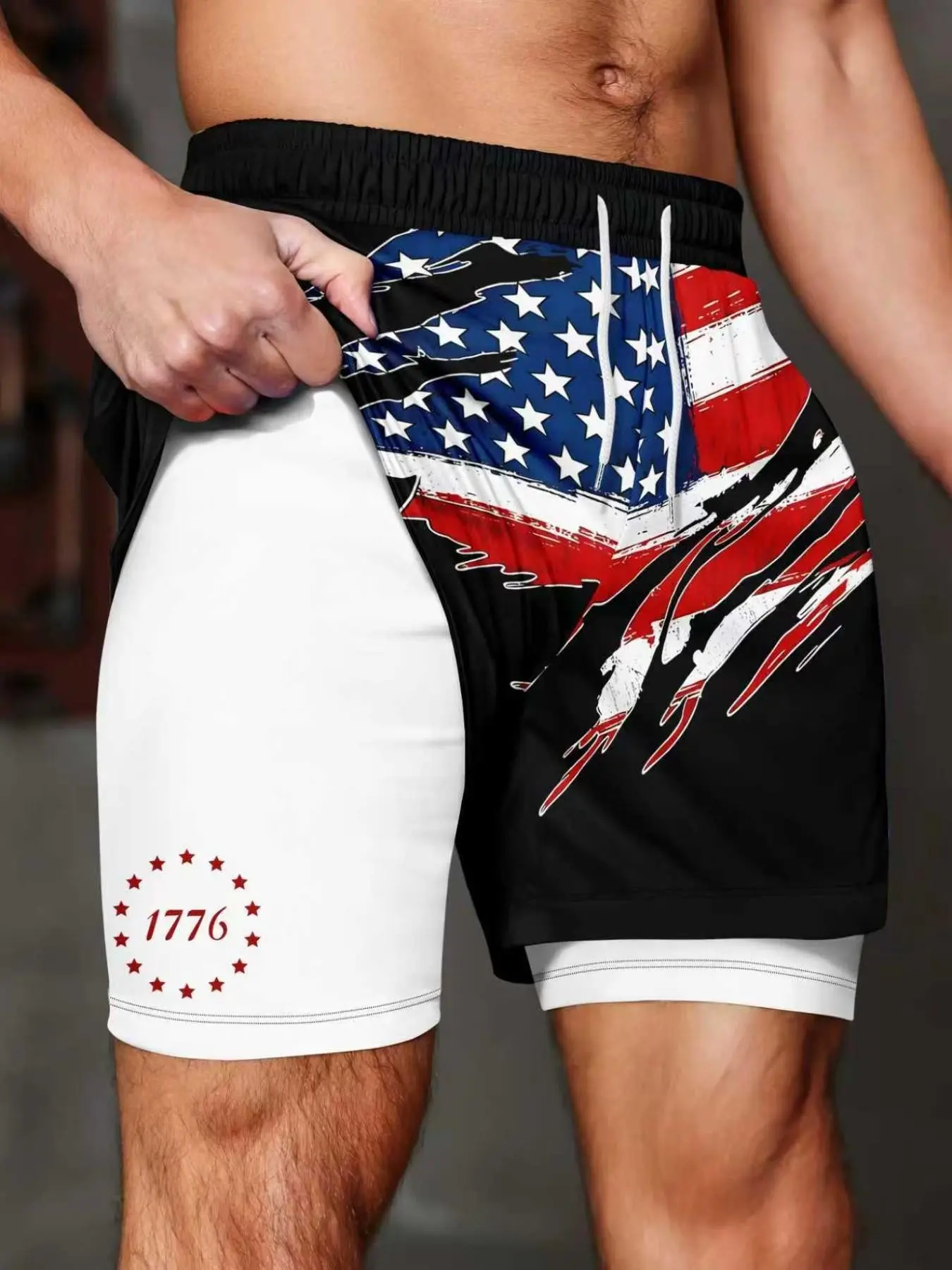 Men's Double-Layer Lined Swim Trunks, Gradient American Flag USA Print Elastic Drawstring Waist Quick-Dry Board Shorts, Casual Sports Shorts for Independence Day & Beach Vacation