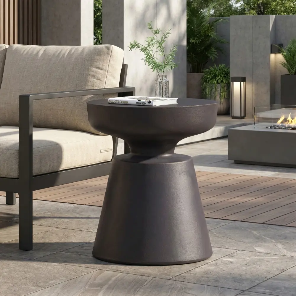 Outdoor Lightweight Concrete Side Table, Modern Copper Accent End Table, Round Patio Coffee Table, Weather Resistant Cement Side Stool, Minimalist Outdoor Furniture for Garden, Balcony, Deck, Poolside, Living Room, Bedroom, Indoor & Outdoor Decor