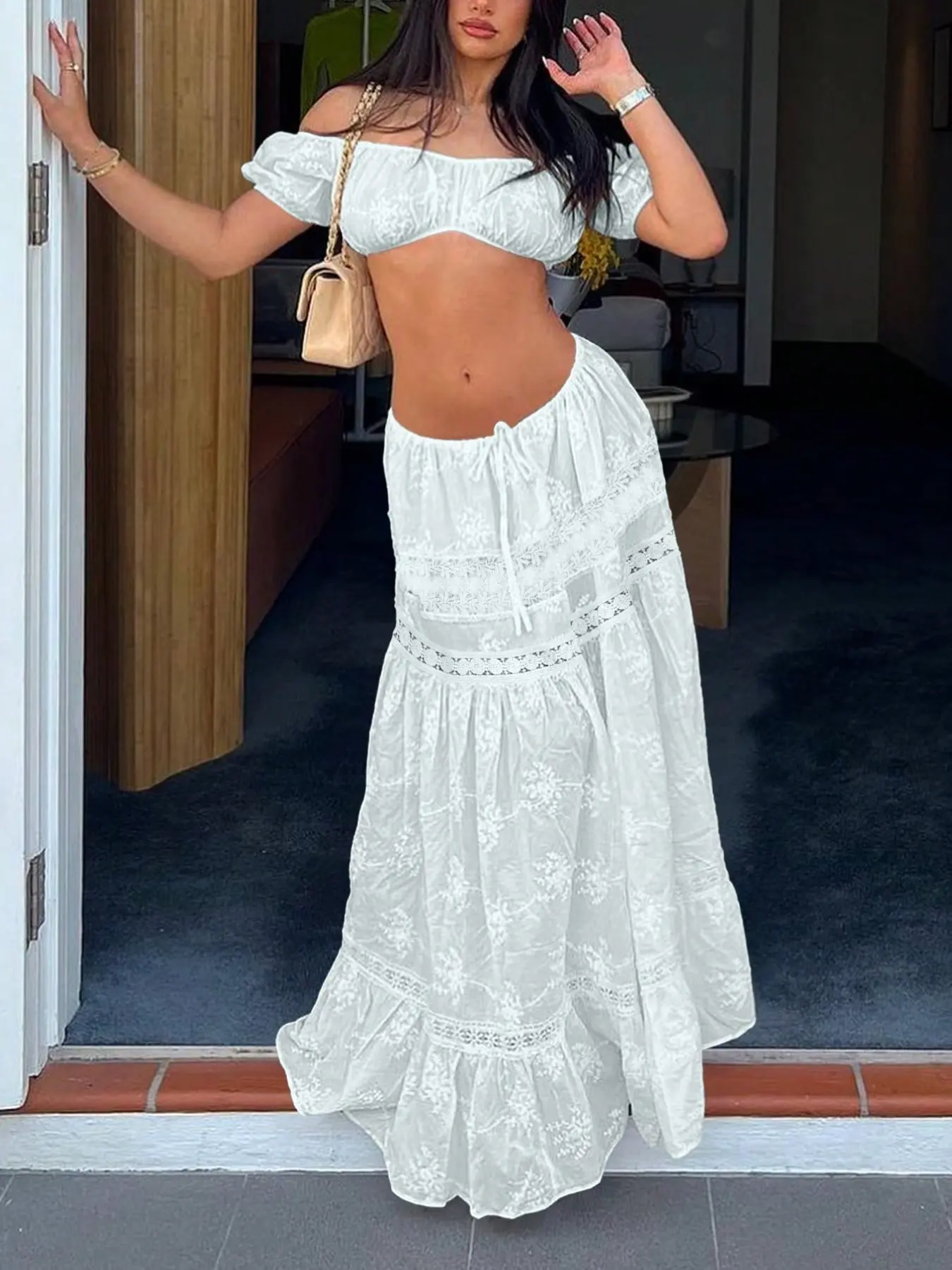 Women White Two Piece Skirt Set Bohemian Off Shoulder Chic Crop Top Maxi Skirt Boho Vacation Outfit Lace Trim Tiered Ruffle Long Skirt Summer Beach Set Sexy Y2K Resort Wear Flowy Matching Set Fashion Outfit Elegance